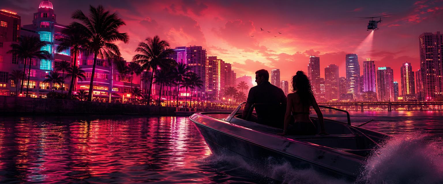 GTA 6 neon Leonida skyline with boat and protagonists