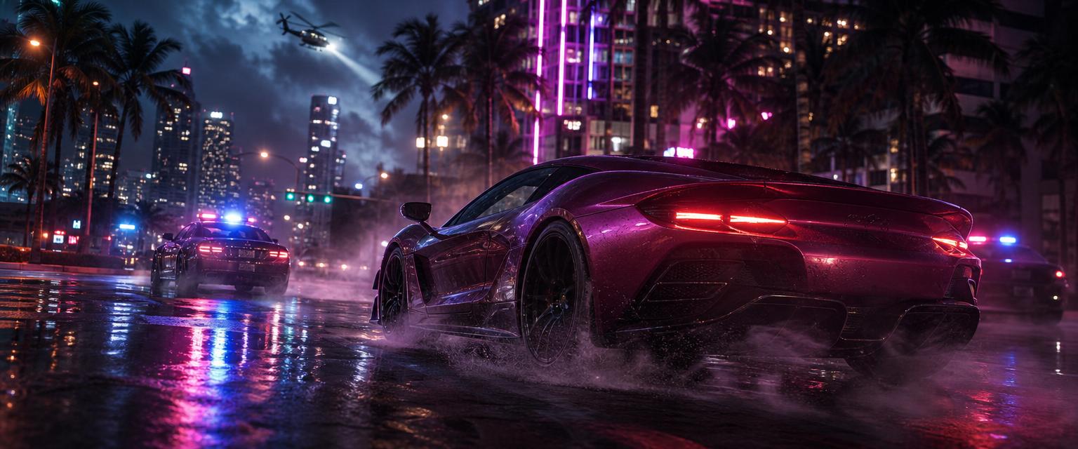 GTA 6 sports car chase through neon-lit streets