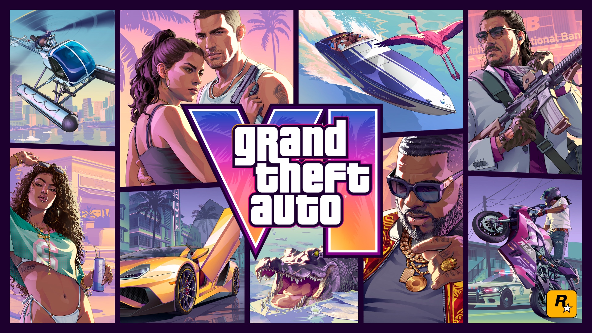 Grand Theft Auto VI key art featuring Leonida characters, vehicles, and scenes